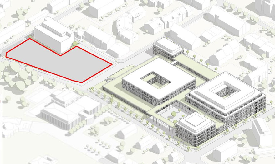Périmètre d’intervention pour le futur bâtiment du parking et de la maison de l’enfance (avec le projet du futur hôpital - gmp-Ferrari).